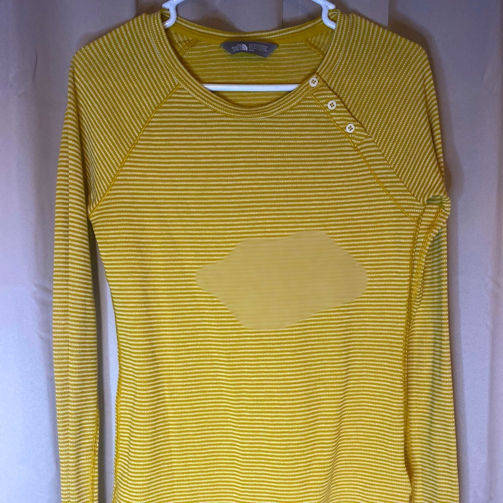 North Face. Medium. Yellow and white striped Henley.